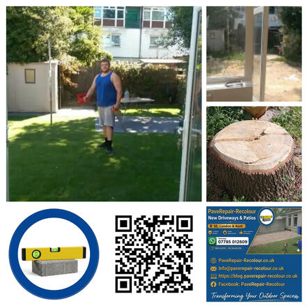Contact PaveRepair-Recolour for a Free Quote PaveRepair-Recolour contact information showing WhatsApp number 07795 012609, email, and website for driveway and patio restoration services in South East London and Kent.